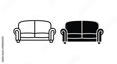 Two contrasting sofas displayed in a simple graphic black silhouette
