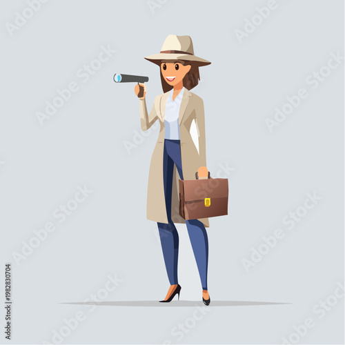 A woman in a trench coat and hat, holding a spyglass and a briefcase, depicted in a cartoon style.