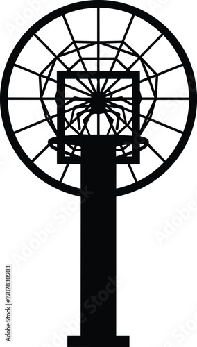Basketball hoop silhouette with net and backboard inside circular geometric frame isolated minimal sports icon design black vector style