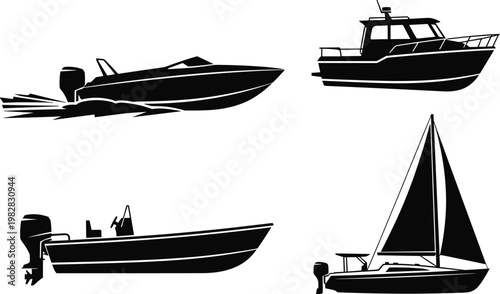 Boat silhouettes collection, black-and-white illustration of speedboat, cabin cruiser, fishing boat, and sailboat designs