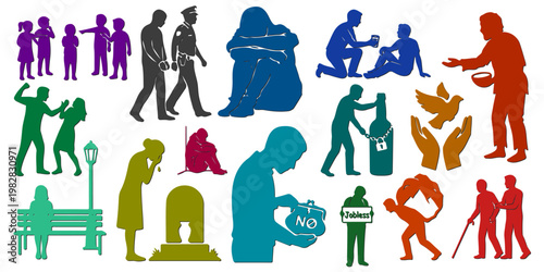 Large collection of colorful social issues and mental health problems silhouettes. People suffering from depression, addiction, poverty, bullying, domestic violence and grief, isolated.