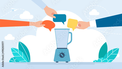 Diverse business team throwing thought bubbles and stickers into a blender to combine ideas for a successful project, representing teamwork and creative brainstorming. Vector illustration.
