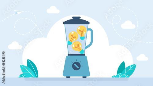 Kitchen blender mixing glowing light bulbs as a metaphor for creative process, generating fresh ideas, innovation, brainstorming and intellectual energy. Vector illustration.