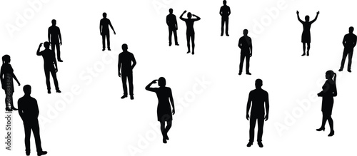 Diverse human silhouettes collection showing standing people in different poses isolated on white background representing crowd, individuality and social interaction concept