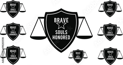 Justice and courage shields a collection of legal and heroic emblems