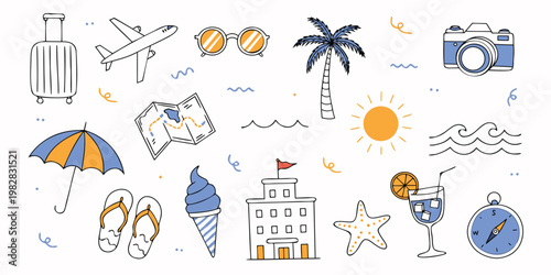 Colorful hand drawn illustration depicting various travel and vacation themed items