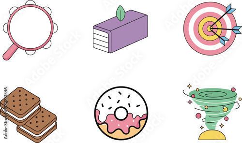 Creative icons set with tambourine, book, target, ice cream sandwich, donut and magic hat vector illustration isolated colorful collection
