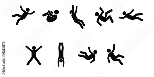 Falling person stick figure icons, set of 9 black silhouettes of people tumbling and dropping, human motion and accident vector elements