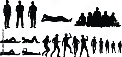 People silhouette collection set, men women and groups standing sitting dancing walking poses, human figures vector isolated black shapes