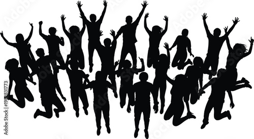 Silhouettes of people jumping with raised arms, symbolizing joy, celebration, unity, and energetic human movement