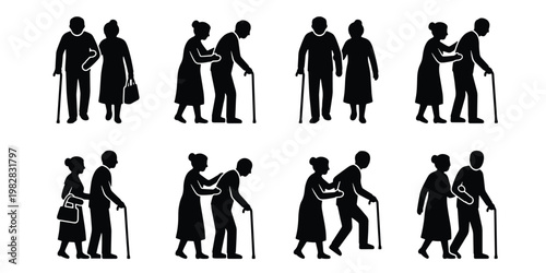 Elderly couple silhouette icons, senior people walking with cane and walker, set of 8 vector illustrations for geriatric care and aging