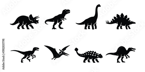 Dinosaur silhouette vector set of 8 prehistoric animals, black t-rex and triceratops icons, jurassic wildlife collection for educational design