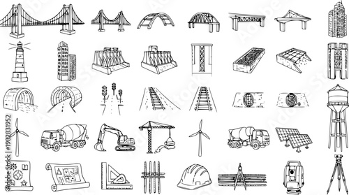 Hand Drawn Civil Engineering and Construction Icons Set: Sketch Collection of Infrastructure, Architecture, Equipment, Bridges, Dams, and Survey Tools.
