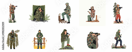 Set of illustrations depicting wildlife photographers in camouflage gear, using professional cameras and equipment in various outdoor natural settings.