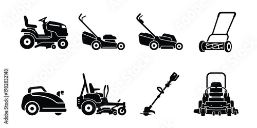 Lawn mower icon set, black silhouette gardening equipment collection, 8 vector elements for landscaping and yard maintenance services