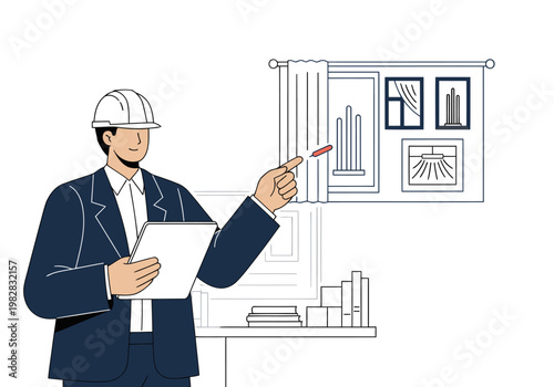An architect points at a thermal curtain design specification on a tablet, showcasing a modern building interior. Professional setting, clear visual.