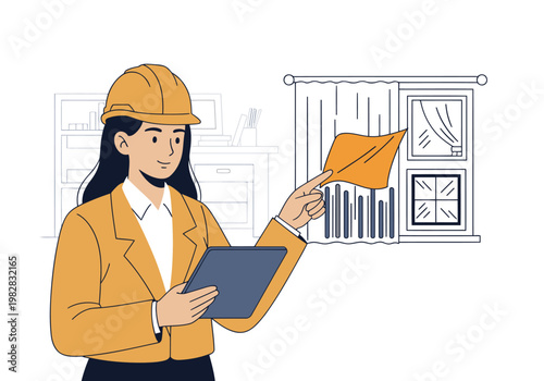 An architect reviews a thermal curtain design specification on a tablet, pointing to the fabric. Professional setting, modern illustration.