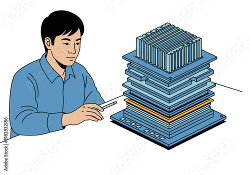 A young Asian professional examines an AI accelerator chip hardware stack, showcasing innovation and technology. Clear, focused composition.