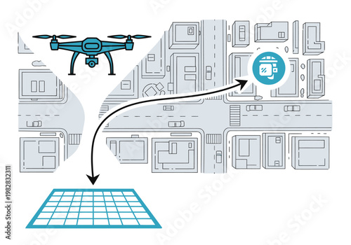 A drone captures a zero-blur image of a small object landing, showcasing a trajectory schematic. Modern urban setting with detailed buildings and a clear path.