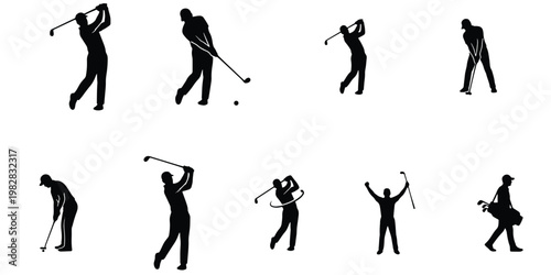 Golf player silhouettes set, professional golfers in action poses, collection of 9 black vector icons of athletes swinging clubs and celebrating