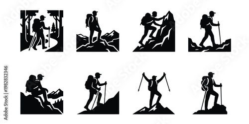 Hiking silhouette icons set, mountain climbing and trekking adventure vector graphics, 8 outdoor explorer symbols for camping and nature tourism branding