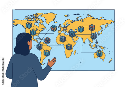 A woman examines a global chip network map, highlighting connectivity and international data centers. Modern, illustrative style. Suitable for tech and business concepts.