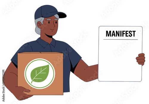 A friendly delivery driver holds an eco-box with a leaf logo, presenting a 'Manifest' document.  Clean, modern illustration for sustainable delivery services.