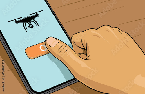 A hand presses a button on a smartphone displaying a drone landing app confirmation. Modern, digital, and visually appealing. Suitable for tech and drone-related content.