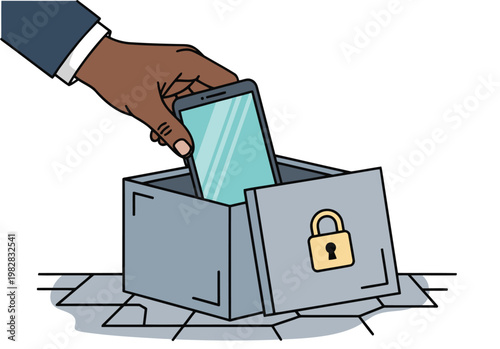 A hand secures a smartphone within a box, symbolizing digital detox and clarity. Modern illustration with a focus on success and disconnection.