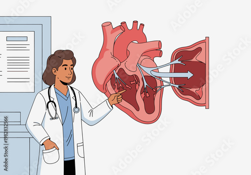 A healthcare professional explains heart valve blood flow using a detailed heart illustration. Clear, informative, and visually engaging.
