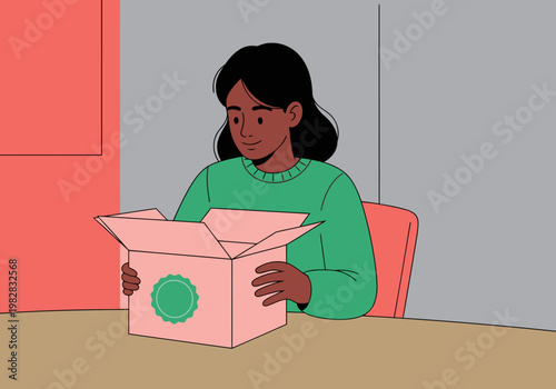 A young woman happily opens a sustainable, certified package. Bright pink background highlights the unboxing experience. Modern illustration style.