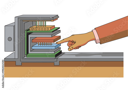 Illustration depicts a silicon stacking architecture diagram with a hand pointing to a layered chip. Clean, modern design showcases technology and engineering. Suitable for tech and business visuals.