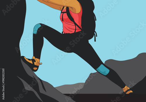 Female hiker ascends a rocky cliff face, wearing reinforced hiking leggings. Dynamic action shot, showcasing outdoor adventure and durable apparel.  High-quality image.