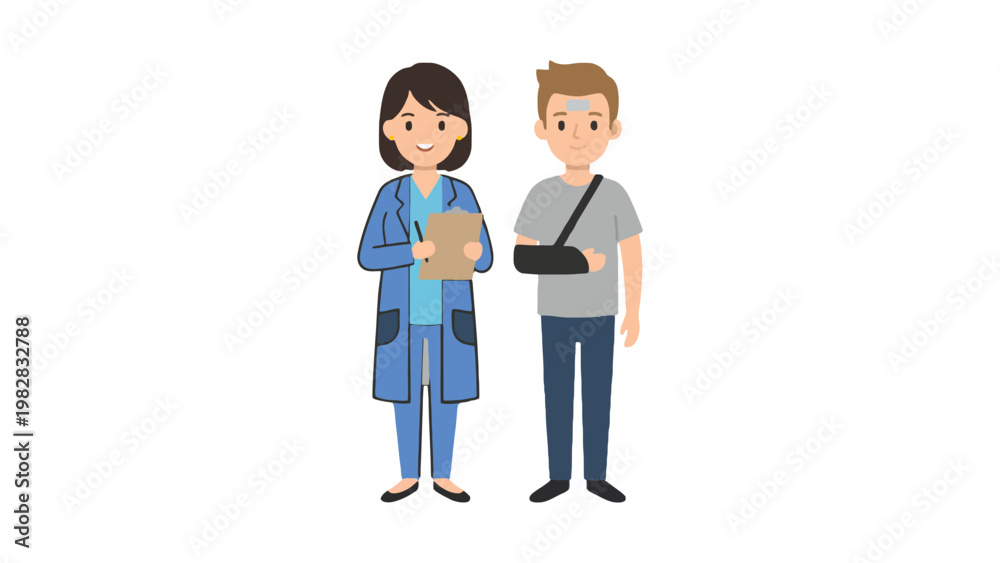 Obraz premium Doctor illustration with patient wearing sling standing together in cartoon style