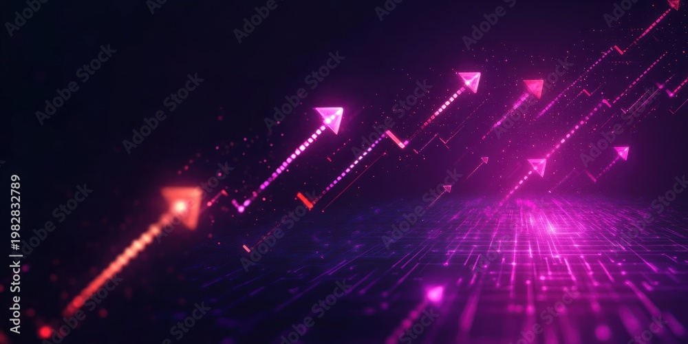 Obraz premium glowing neon purple and pink upward arrows and dotted trajectories above a digital grid conveying rapid futuristic growth and optimistic motion
