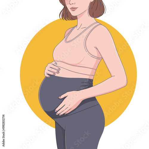 A pregnant woman embraces motherhood with fitness. She wears maternity leggings and a sports bra, showcasing a healthy and active pregnancy lifestyle. Soft, pastel colors and a clean design.