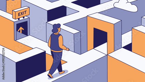 A person navigates a complex maze, seeking an exit. Illustrative design emphasizes path clarity and goal orientation. Modern, vibrant style.