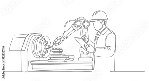 man in hard hat working with robotic arm.