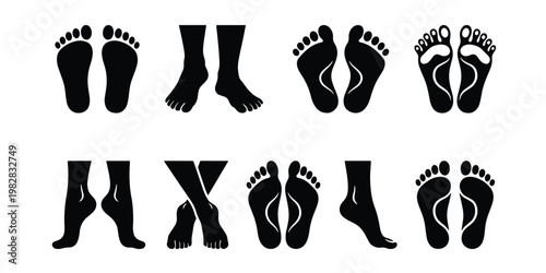 Human footprint silhouette collection, black bare feet icons vector set, anatomical foot sole and leg prints for medical or spa design