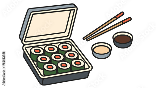 Sushi box with chopsticks and soy sauce for Japanese meal