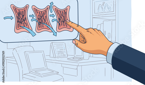 A professional points to a heart valve diagram on a screen in an office setting. Clear illustration of valve mechanics. Modern, informative design.