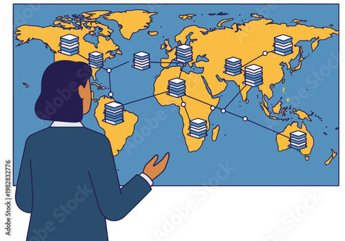 A professional woman oversees a global chip network hub, connecting data centers worldwide. Modern, illustrative style. Ideal for tech and business concepts.