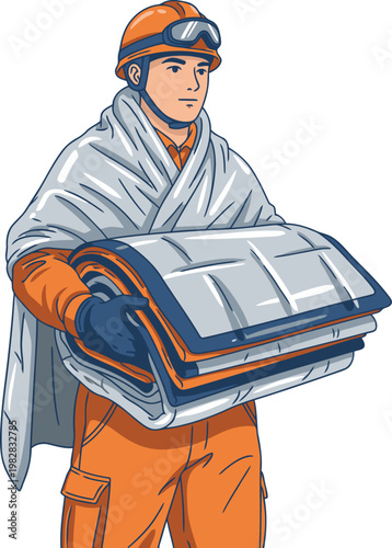 Rescue worker holds an emergency thermal blanket, providing warmth. Illustration style, clean design, focused composition. Suitable for commercial use.
