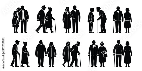 Elderly couple silhouettes set, senior people walking and standing together, retired man and woman vector icons for healthcare and aging concepts