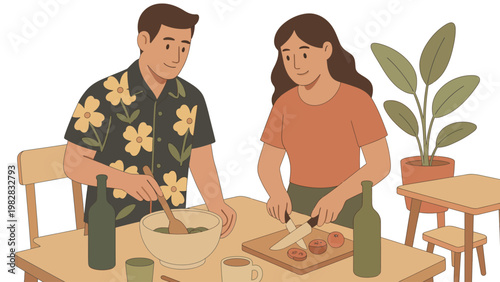 Couple cooking together in modern kitchen with plant