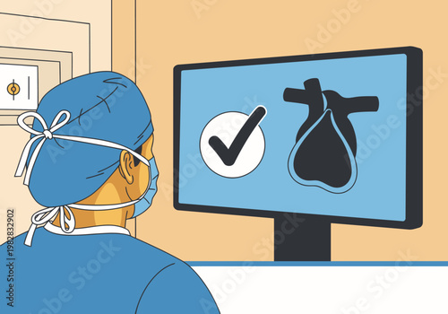 Surgeon monitors a successful heart valve replacement procedure on a large screen. A focused medical professional observes positive results, conveying expertise and precision.