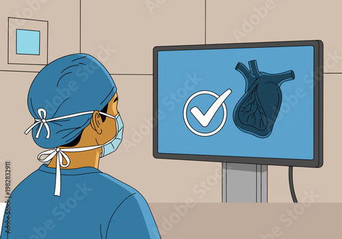 Surgeon monitors a successful valve replacement surgery on a monitor. A clear, professional image showcasing surgical success. Modern hospital setting.