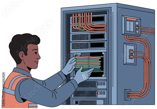 A technician installs a compute module in a server rack, focusing on detail and technical expertise. Clear, professional lighting highlights the equipment.