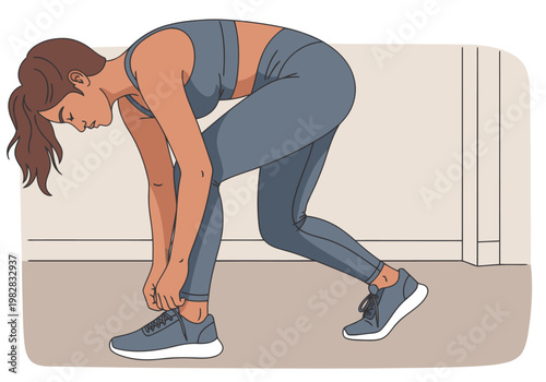 A woman ties her shoes while wearing fitness leggings, demonstrating a workout routine. Clean, modern studio setting. Focus on active lifestyle and fitness apparel.