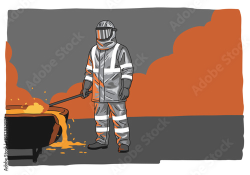 A worker in reflective gear manages molten metal in a foundry. Dramatic orange glow and industrial setting. High contrast, safety focused.